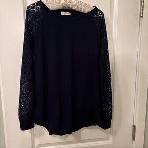 Halife Women's Long Lace Sleeves Loose Fit Pullover -Top Size L-Navy